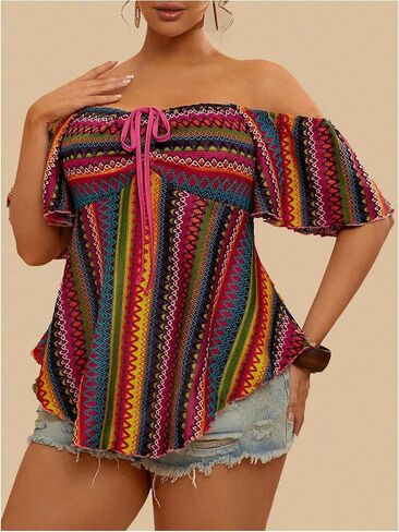 Wdirara Women's Plus Size Boho مخططة قبالة قميص Tee Teae الكتف in Saudi Arabia