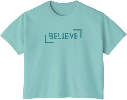 Believe Graphic Crop T-Shirt, Modern Typography Design, Women Text Printed Boxy fit Round Neck Oversized Look Cropped Tee in Saudi Arabia