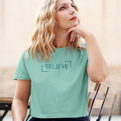 Believe Graphic Crop T-Shirt, Modern Typography Design, Women Text Printed Boxy fit Round Neck Oversized Look Cropped Tee in Saudi Arabia