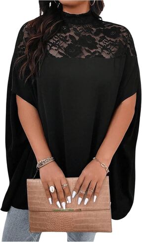 Verdusa Women's Plus Size Contrast Lace Oversized Dolman Sleeve Mock Neck Tunic Tops in Saudi Arabia