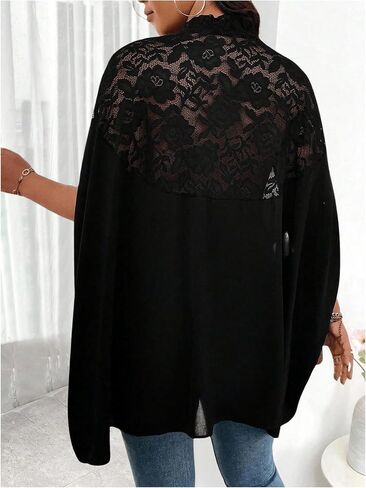 Verdusa Women's Plus Size Contrast Lace Oversized Dolman Sleeve Mock Neck Tunic Tops in Saudi Arabia