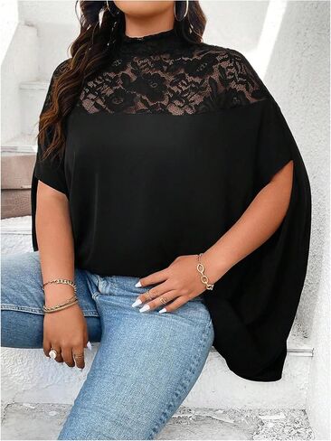 Verdusa Women's Plus Size Contrast Lace Oversized Dolman Sleeve Mock Neck Tunic Tops in Saudi Arabia