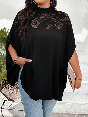 Verdusa Women's Plus Size Contrast Lace Oversized Dolman Sleeve Mock Neck Tunic Tops in Saudi Arabia