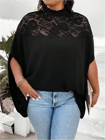 Verdusa Women's Plus Size Contrast Lace Oversized Dolman Sleeve Mock Neck Tunic Tops in Saudi Arabia