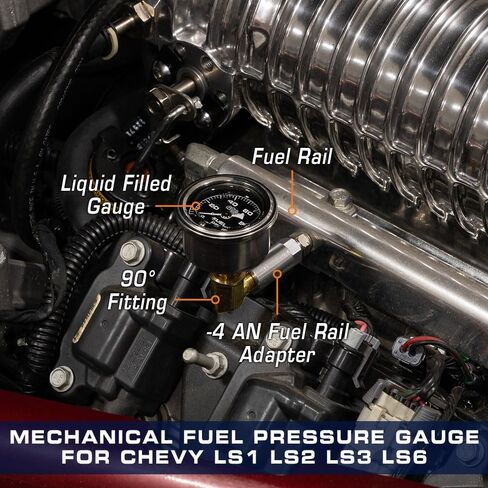 GlowShift Liquid Filled Mechanical 100 PSI Fuel Pressure Gauge Kit with -4 an Rail Pressure Adapter for Chevy GM LS1 LS2 LS3 LS6 Engines - Black Dial - 1/8-27 NPT Thread - 1-1/2" Diameter in Saudi Arabia