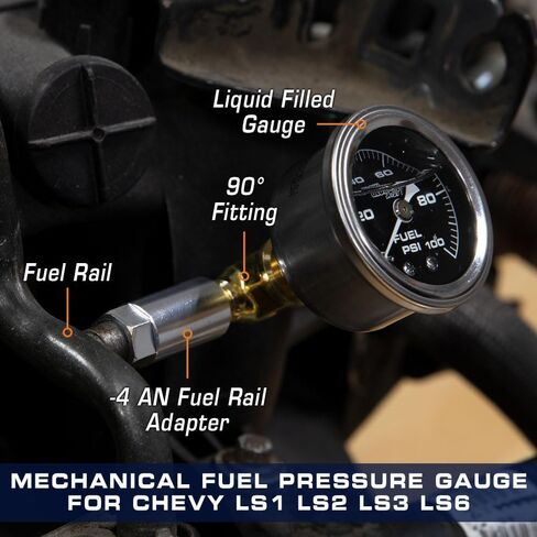 GlowShift Liquid Filled Mechanical 100 PSI Fuel Pressure Gauge Kit with -4 an Rail Pressure Adapter for Chevy GM LS1 LS2 LS3 LS6 Engines - Black Dial - 1/8-27 NPT Thread - 1-1/2" Diameter in Saudi Arabia
