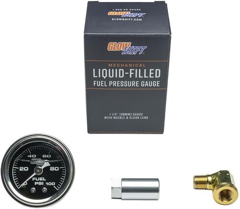 GlowShift Liquid Filled Mechanical 100 PSI Fuel Pressure Gauge Kit with -4 an Rail Pressure Adapter for Chevy GM LS1 LS2 LS3 LS6 Engines - Black Dial - 1/8-27 NPT Thread - 1-1/2" Diameter in Saudi Arabia