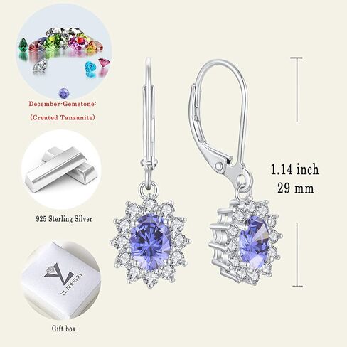 YL Women's Dangle Drop Earrings Sterling Silver Halo Princess Diana Leverback Earrings Birthstone Jewelry in Saudi Arabia