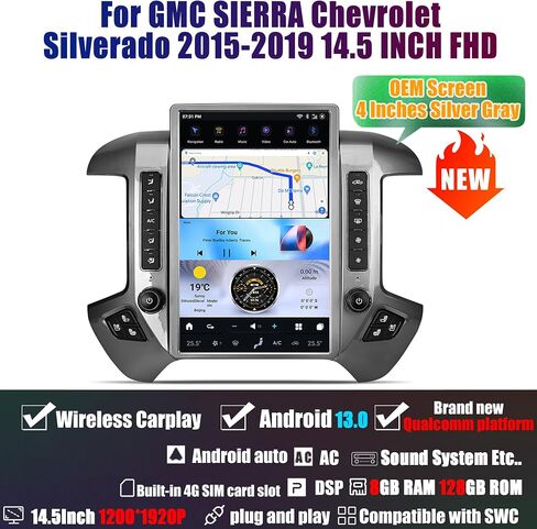 2024 Latest Android 13 Car Radio Head Unit for GMC Sierra Chevrolet Silverado 2015-2019 OEM 8 Inch Screen, 14.5 Inch T-Style Car Multimedia Player GPS Navigation 8GB+128GB - Silver Grey in Saudi Arabia