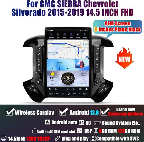 2024 Latest Android 13 Car Radio Head Unit for GMC Sierra Chevrolet Silverado 2015-2019 OEM 8 Inch Screen, 14.5 Inch T-Style Car Multimedia Player GPS Navigation 8GB+128GB - Silver Grey in Saudi Arabia