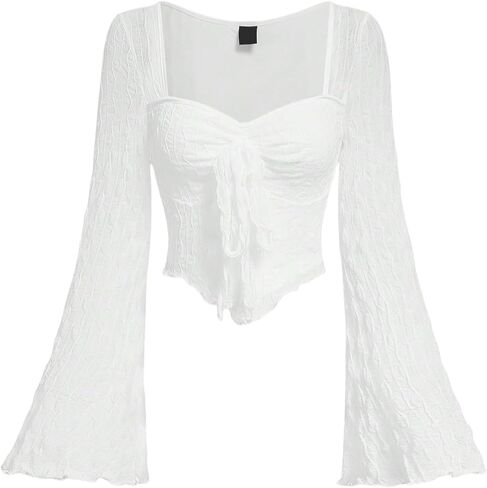 QJQ Women's Long Bell Sleeve Crop Tops Sweetheart Neck Going Out Top in Saudi Arabia