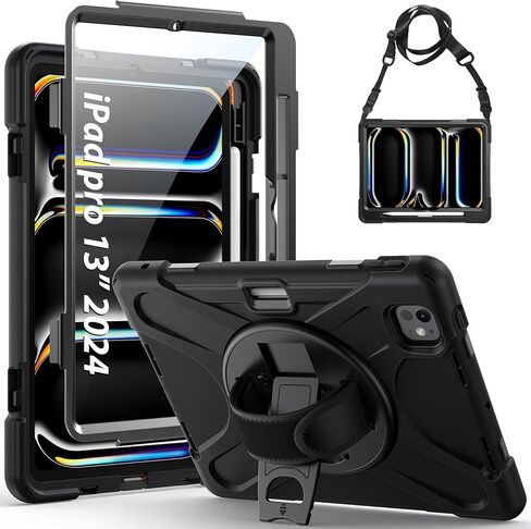 Gerutek Case for iPad Pro 11-inch (M4) 2024 Tablet Case, Cover Protective with Screen Protector, Pencil Holder, 360 Rotating Handle, Stand, Strap for iPad Pro 5th Gen (Model:A2836/A2837/A3006), Black in Saudi Arabia