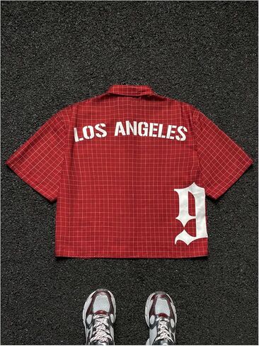 Men's Plaid Oversized Tshirts Short Sleeve Collared Button Up Streetwear Baggy Tees in Kuwait