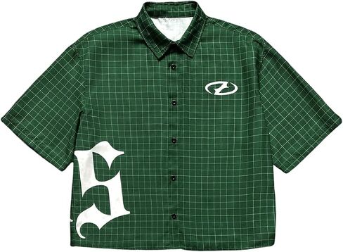 Men's Plaid Oversized Tshirts Short Sleeve Collared Button Up Streetwear Baggy Tees in Kuwait