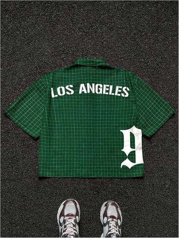 Men's Plaid Oversized Tshirts Short Sleeve Collared Button Up Streetwear Baggy Tees in Kuwait