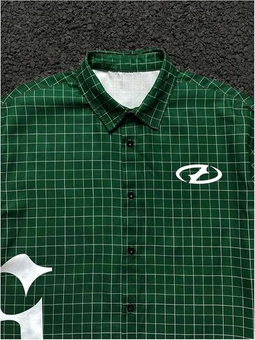 Men's Plaid Oversized Tshirts Short Sleeve Collared Button Up Streetwear Baggy Tees in Kuwait