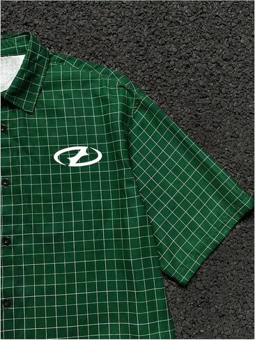 Men's Plaid Oversized Tshirts Short Sleeve Collared Button Up Streetwear Baggy Tees in Kuwait