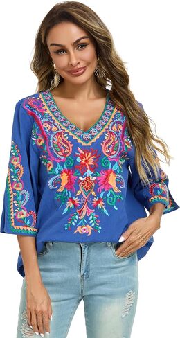 YZXDORWJ Women's Summer Embroidered Mexican Shirts Short Sleeve Casual Tops Blouse in Kuwait