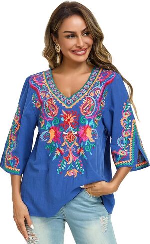 YZXDORWJ Women's Summer Embroidered Mexican Shirts Short Sleeve Casual Tops Blouse in Kuwait