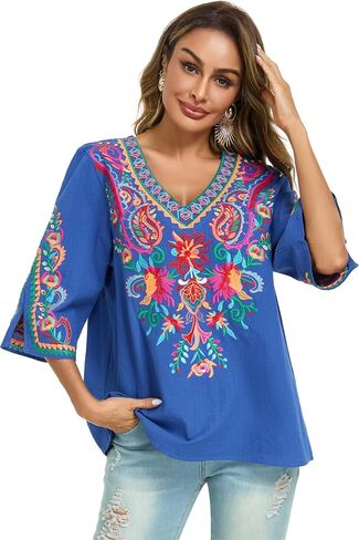 YZXDORWJ Women's Summer Embroidered Mexican Shirts Short Sleeve Casual Tops Blouse in Kuwait