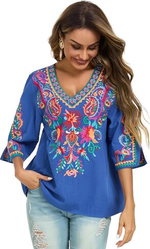 YZXDORWJ Women's Summer Embroidered Mexican Shirts Short Sleeve Casual Tops Blouse in Kuwait