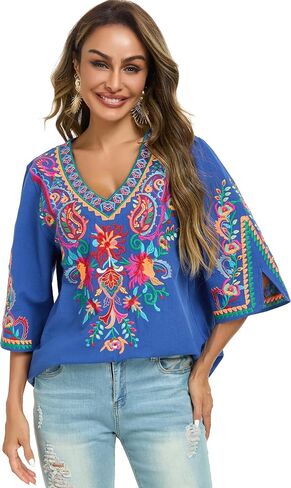 YZXDORWJ Women's Summer Embroidered Mexican Shirts Short Sleeve Casual Tops Blouse in Kuwait