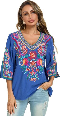 YZXDORWJ Women's Summer Embroidered Mexican Shirts Short Sleeve Casual Tops Blouse in Kuwait
