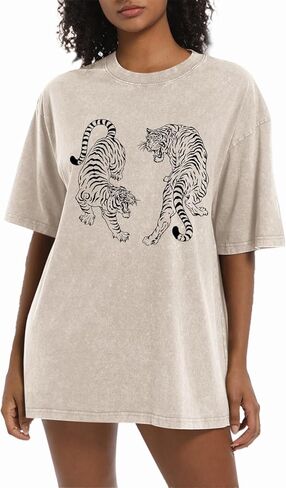 Tiger Graphic Tees Shirt for Women Oversized Streetwear Shirts Acid Wash Tshirt Tigers Print Cotton Summer Tops in Kuwait