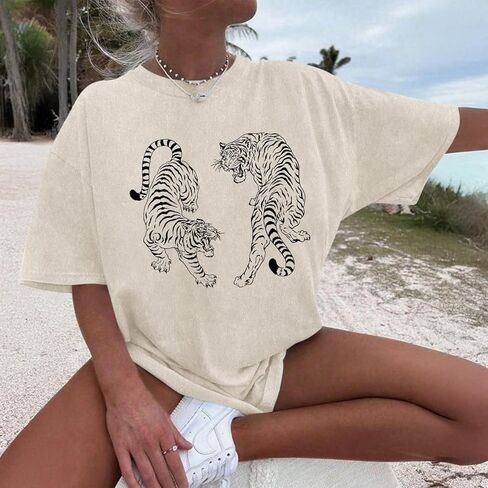 Tiger Graphic Tees Shirt for Women Oversized Streetwear Shirts Acid Wash Tshirt Tigers Print Cotton Summer Tops in Kuwait