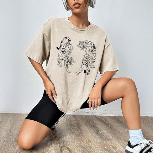 Tiger Graphic Tees Shirt for Women Oversized Streetwear Shirts Acid Wash Tshirt Tigers Print Cotton Summer Tops in Kuwait