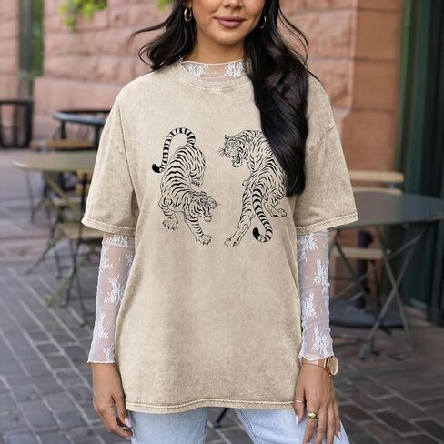 Tiger Graphic Tees Shirt for Women Oversized Streetwear Shirts Acid Wash Tshirt Tigers Print Cotton Summer Tops in Kuwait