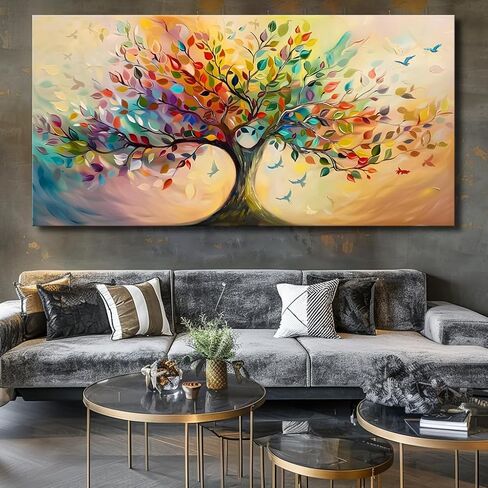 Vibrant Tree of Life Wall Art Colorful Framed Canvas Print for Living Room, Bedroom, Dining Room, or Home Office Modern Ready to Hang Decor,Nature Inspired Home Decoration - 20"x40" in Saudi Arabia