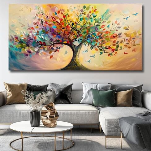 Vibrant Tree of Life Wall Art Colorful Framed Canvas Print for Living Room, Bedroom, Dining Room, or Home Office Modern Ready to Hang Decor,Nature Inspired Home Decoration - 20"x40" in Saudi Arabia