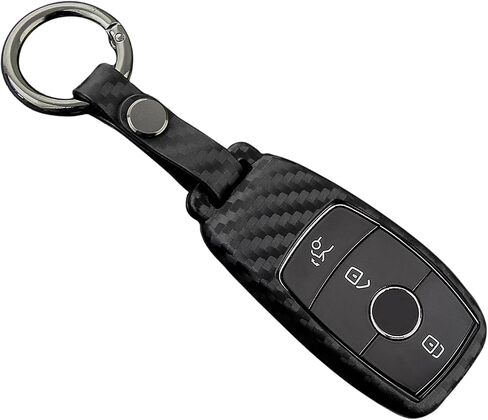 تغطية ألياف الكربون من الألياف الكربونية الناعمة من سيليكون مفتاح السيارة عن بُعد لـ Mercedes-Benz 2019-2022 A Class C Class G Class 2017-2022 E Class 2018-2021 S Class Key-Black-Round Keychain in Kuwait