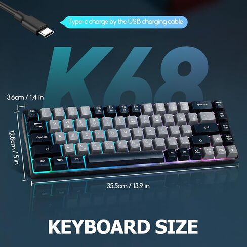 سلكية محمولة 60 ٪ لوحة مفاتيح ألعاب الشعور ، RGB LED LED مضغوطة 68 KEYS MINI Wired Office Keyboard for Windows Laptop Mac Gamer ، Typist ، Travel on Business Trip Black -Grey in Saudi Arabia