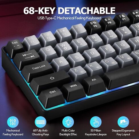 سلكية محمولة 60 ٪ لوحة مفاتيح ألعاب الشعور ، RGB LED LED مضغوطة 68 KEYS MINI Wired Office Keyboard for Windows Laptop Mac Gamer ، Typist ، Travel on Business Trip Black -Grey in Saudi Arabia