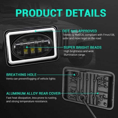 Mondeview 4pcs 4x6 المصابيح الأمامية LED HI/LO شعاع مغلق مع ضوء الدوران DRL الضوء H4656 H4651 H4652 H4666 H6545 ل Kenworth T800 LED المصابيح الأمامية لشركة Freightliner لبيتربيلت in Kuwait