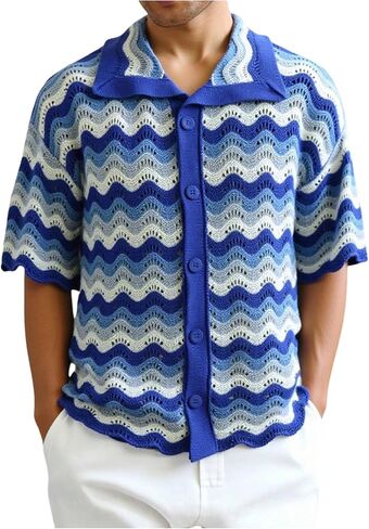 Men's Striped Crochet Shirts Button Down Shirt Short Sleeve Collared Casual Knit Tops Summer Beach Shirt in Saudi Arabia