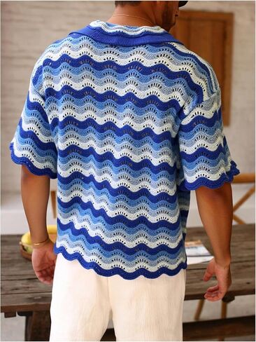 Men's Striped Crochet Shirts Button Down Shirt Short Sleeve Collared Casual Knit Tops Summer Beach Shirt in Saudi Arabia