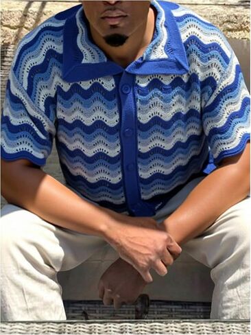 Men's Striped Crochet Shirts Button Down Shirt Short Sleeve Collared Casual Knit Tops Summer Beach Shirt in Saudi Arabia