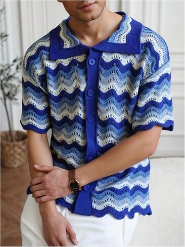 Men's Striped Crochet Shirts Button Down Shirt Short Sleeve Collared Casual Knit Tops Summer Beach Shirt in Saudi Arabia