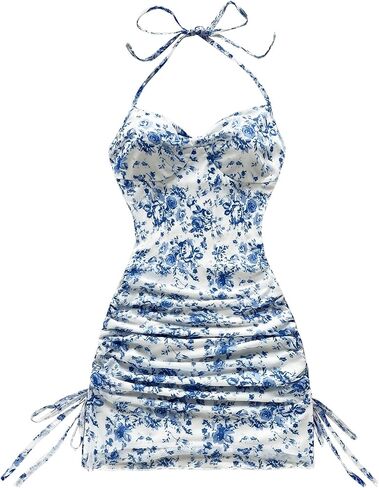 WDIRARA Women's Floral Halter Bodycon Dress Drawstring Ruched Tie Backless Boho Mini Dress in Saudi Arabia