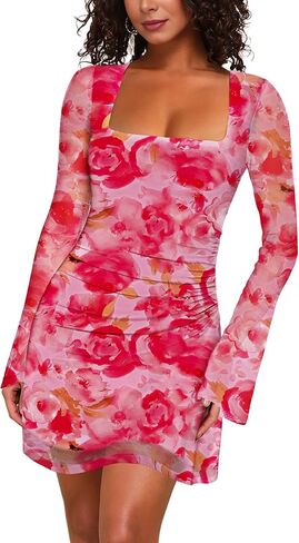 MAYFASEY Women's Floral Maxi Dress Square Neck Long Sleeve Mesh Bodycon Tight Fitted Party Club Ruched Dresses in Saudi Arabia