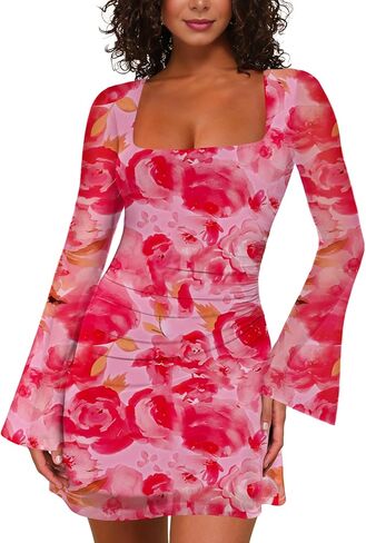 MAYFASEY Women's Floral Maxi Dress Square Neck Long Sleeve Mesh Bodycon Tight Fitted Party Club Ruched Dresses in Saudi Arabia
