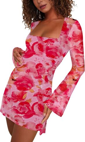 MAYFASEY Women's Floral Maxi Dress Square Neck Long Sleeve Mesh Bodycon Tight Fitted Party Club Ruched Dresses in Saudi Arabia