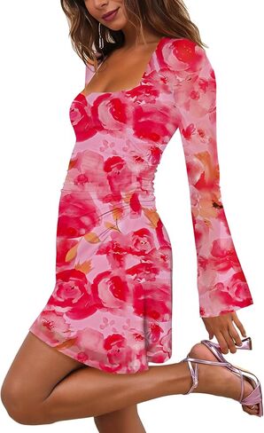 MAYFASEY Women's Floral Maxi Dress Square Neck Long Sleeve Mesh Bodycon Tight Fitted Party Club Ruched Dresses in Saudi Arabia