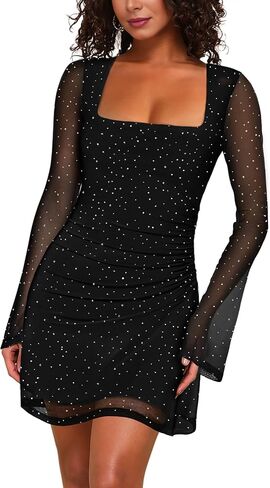 MAYFASEY Women's Floral Maxi Dress Square Neck Long Sleeve Mesh Bodycon Tight Fitted Party Club Ruched Dresses in Saudi Arabia