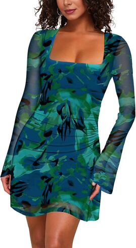 MAYFASEY Women's Floral Maxi Dress Square Neck Long Sleeve Mesh Bodycon Tight Fitted Party Club Ruched Dresses in Saudi Arabia