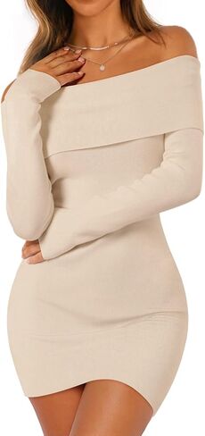 Merokeety Women's Sexy Off Counter Sweater Dress 2025 Fall Long Sleeve Bodycon Club Night Out Mini Dresses in Kuwait