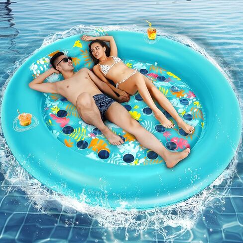 Double Adults Pool Floats Adult, LUSARRYWILL 80"X80" Inflatable Tanning Pool Heavy Duty with Cup Holders, Removable Pillow, Pool Mats for Outdoor, Water Party, Pool, Lake, Beach 2025 Upgrades in Saudi Arabia